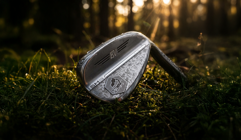 Golf club head on grass with a blurred forest background