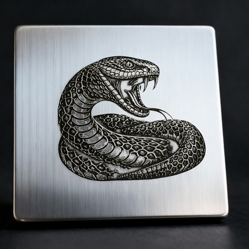 Metallic square with a snake engraving on a dark background
