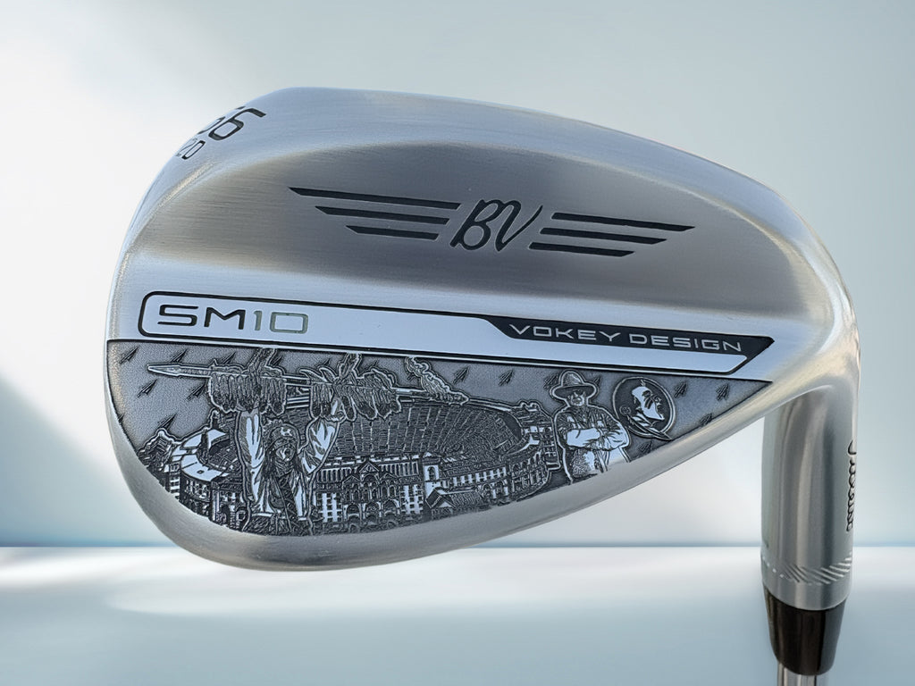 Golf club head with 'BV' branding on a light blue background