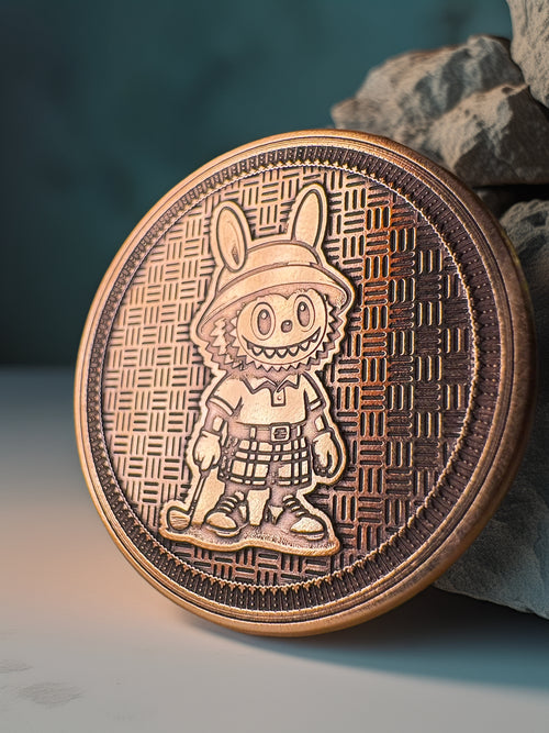 Bronze coin with a character design on a textured surface