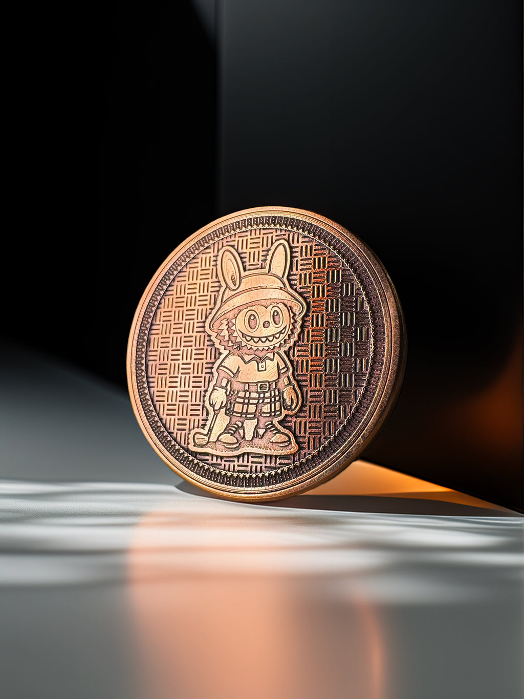 Bronze coin with a character design on a reflective surface