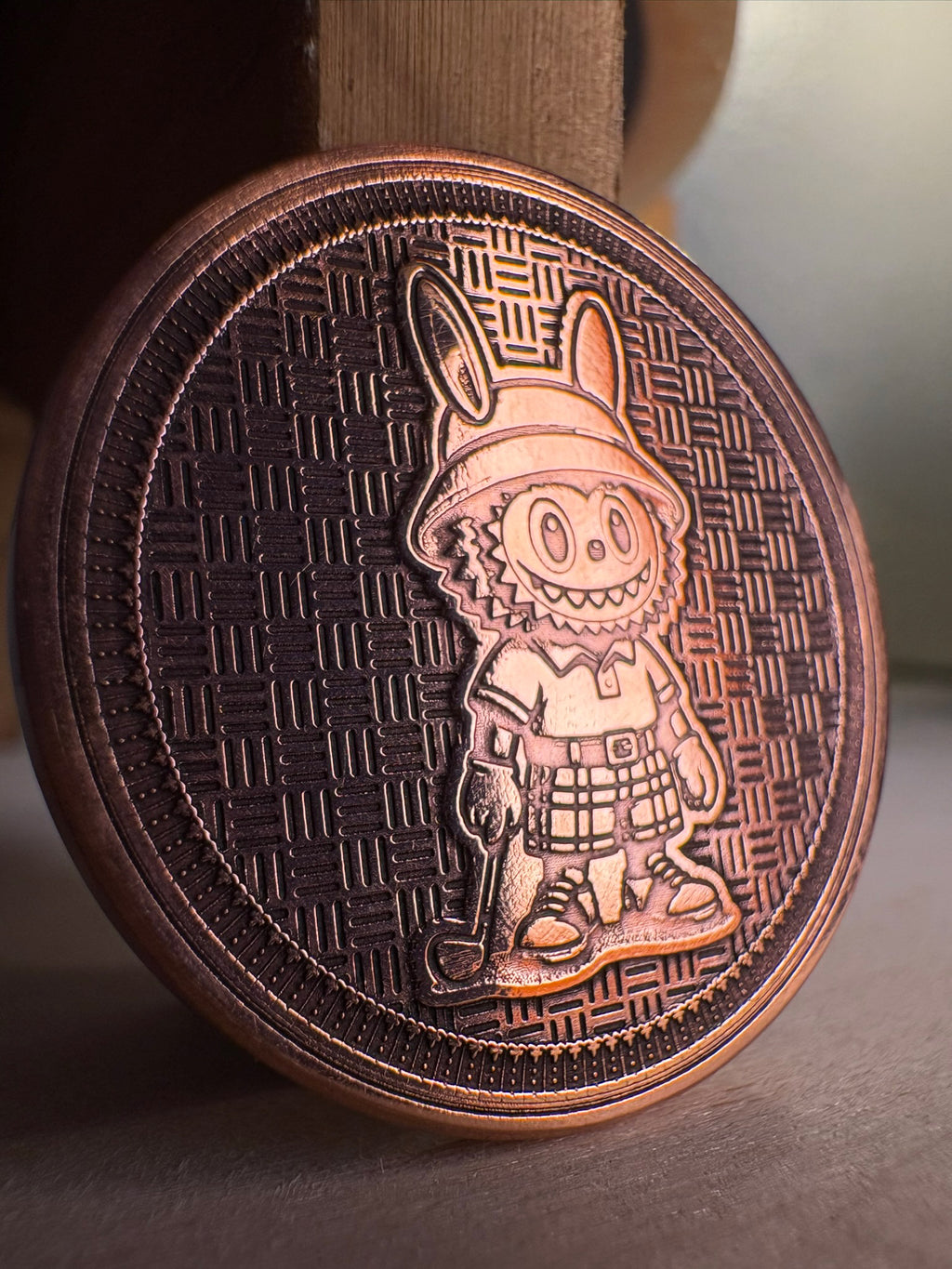 Round metallic object with a character design on a textured background