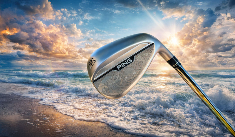 Golf club with 'PING' branding against a scenic ocean backdrop